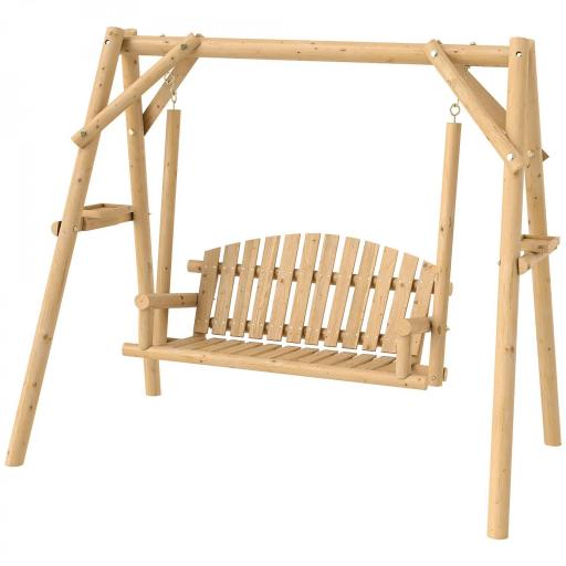 Banco Columpio de Jardín de Madera de 2 Plazas con Bandejas Laterales Reposabrazos y Estructura en A Natural [8]