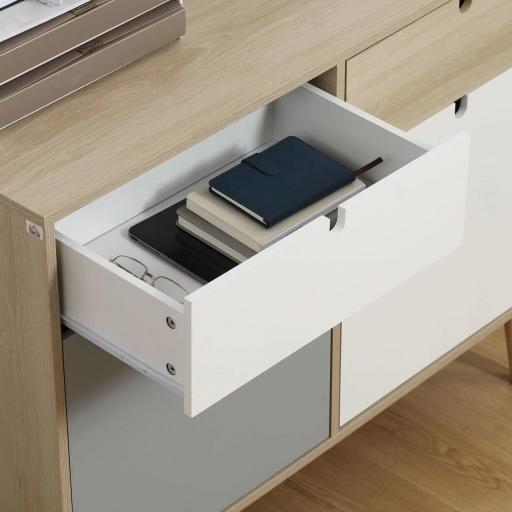 Aparador Auxiliar Mueble de Almacenamiento de Salón con 2 Armarios Cerrados y 2 Cajones Patas Elevadas de Madera de Pino para Cocina Dormitorio Entrada 100x40x79,5 cm Multicolor [6]