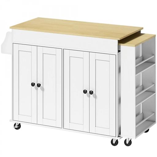 Isla de Cocina con Ruedas Encimera Extensible 4 Puertas Estantes Ajustables Especiero y Soporte para Toallas Blanco [9]