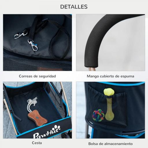 Carrito para Perros Pequeños 3 en 1 con Vagón Desmontable Cesta de Almacenaje Correas de Seguridad y Cojín Azul [6]