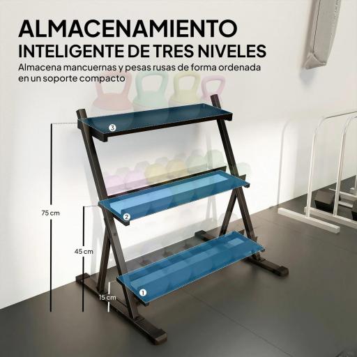 Soporte para Mancuernas de 3 Niveles Estante de Pesas de Acero con Barras Ajustables para Gimnasio Casa Carga 200 kg [4]