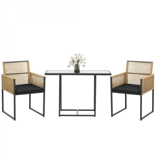 Set de Mesa de Cristal y 2 Sillas de Ratán Sintético con Respaldos Plegables Diseño Anidado con Cojines Natural y Negro [8]
