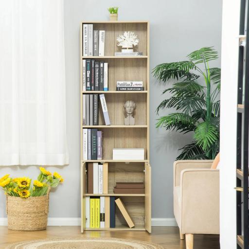 Estantería Librería Armario de Libros con 4 Compartimentos Abiertos y 2 Puertas para Salón Oficina 59x29x180 cm Natural [5]