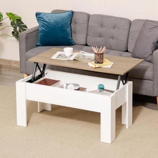 Mesa de Centro Elevable con Encimera Elevable con Espacio Oculto de Almacenaje 100x50x45-58,5 cm Blanco y Natural