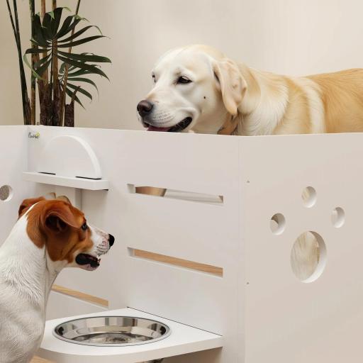 Comedero Elevado Doble para Perros con Altura Ajustable y Sistema de Alimentación Lenta 63x58,5x40 cm Blanco [2]
