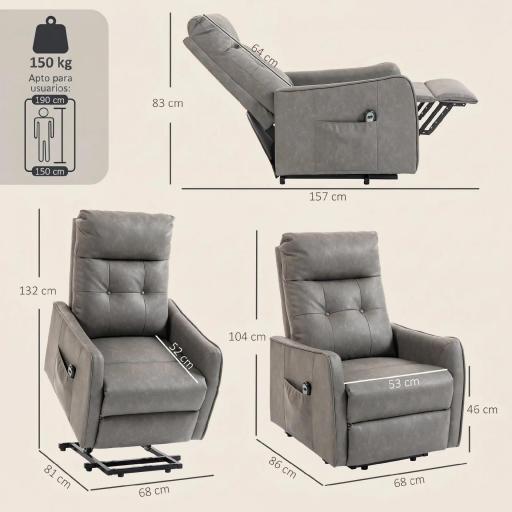 Sillón Relax Reclinable Eléctrico Levanta Personas de Cuero PU Control Remoto Asiento con Resorte Reposapiés Gris [1]