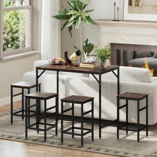 Mesa Alta de Cocina con 4 Taburetes Industrial Reposapiés Ahorro de Espacio para Espacios Reducidos Marrón Rústico [8]