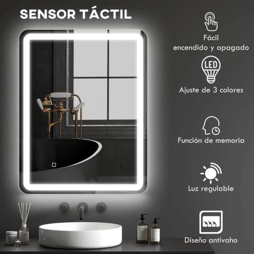 Espejo de Baño con Luces LED 70x90 cm 3 Colores de Luz Brillo Regulable Función Antivaho Función de Memoria IP44 [6]