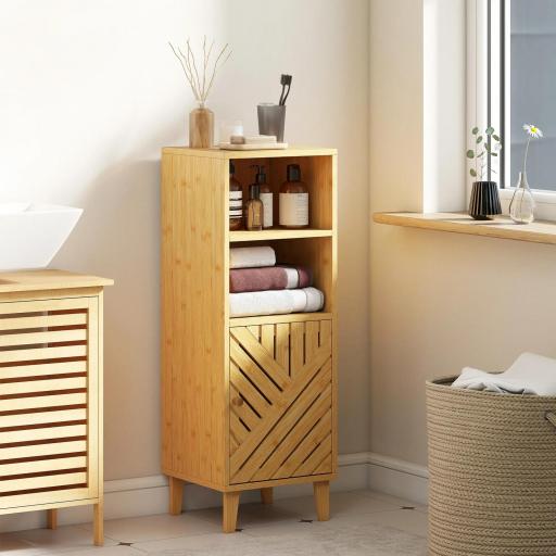 Armario de Baño Estrecho Mueble Auxiliar de Baño con 2 Estantes Abiertos Puerta y Patas de Bambú 32x30x90 cm Natural