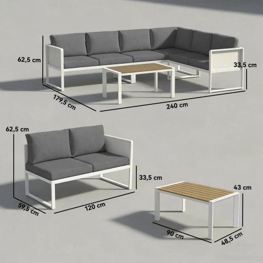 Conjunto de Jardín Exterior con Cojines 3 Sofás de 2 Plazas Mesa con Tablero Efecto Madera WPC y Cojines Gris y Blanco [1]