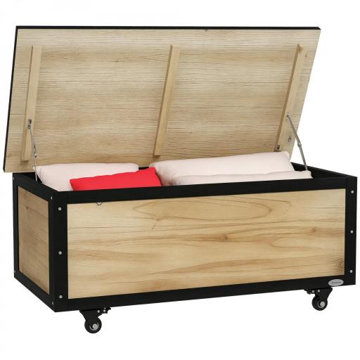 Baúl de Exterior de Madera con 4 Ruedas para Jardín Patio Balcón 100x50x43 cm Natural y Negro [7]