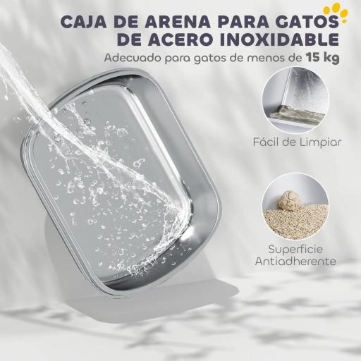 Arenero para Gatos Cubierto con Bandeja de Acero Inoxidable Bordes Altos Pala Peldaño y Zona para Caída de Arena Gris [5]