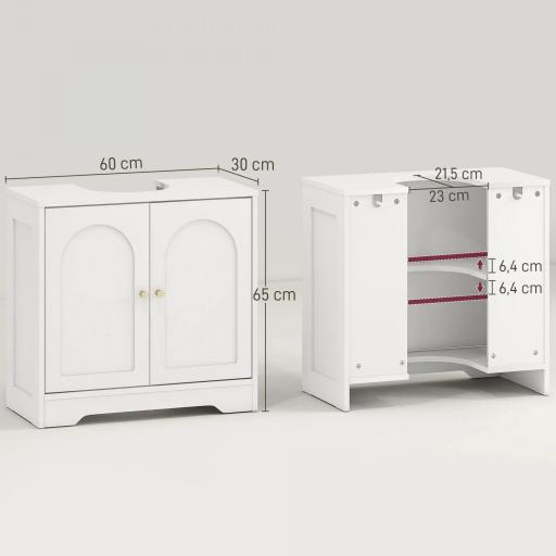 Mueble bajo Lavabo con 2 Puertas con Diseño de Arco Estante Ajustable Tiradores Dorados 60x30x65 cm Blanco [1]