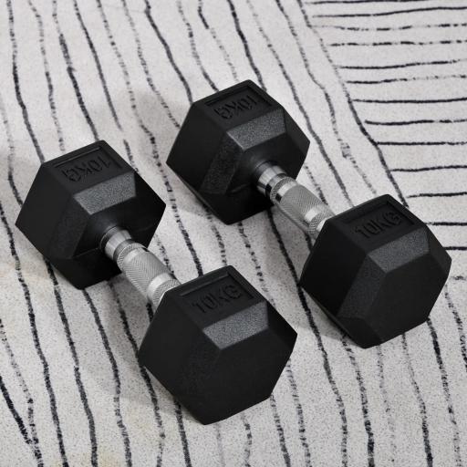 Juego de Mancuernas 2x10 kg con Barra de Conexión de Metal Cabeza Hexagonal para Entrenamiento en Casa Negro y Plata