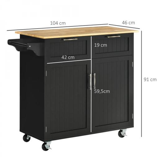 Mueble Auxiliar de Cocina con Ruedas 2 Cajones 2 Puertas Estante Ajustable y Toallero 104x46x91 cm Negro [1]