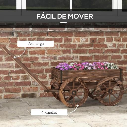 Jardinera de Madera Exterior en Forma de Carrito con 4 Ruedas y Mango para Balcón Jardín Patio 120x41x54 cm Carbonizado [2]