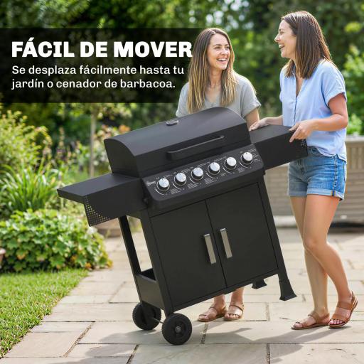 Barbacoa de Gas con 6 Quemadores 15 kW Termómetro Parrilla Mesas Laterales Armario y Ruedas 135x51x101 cm Negro [6]