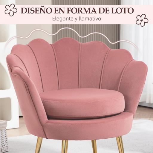 Butaca Tapizada en Terciopelo Butaca de Dormitorio con Respaldo en Forma de Concha y Patas Doradas 76x67x74 cm Rosa [3]