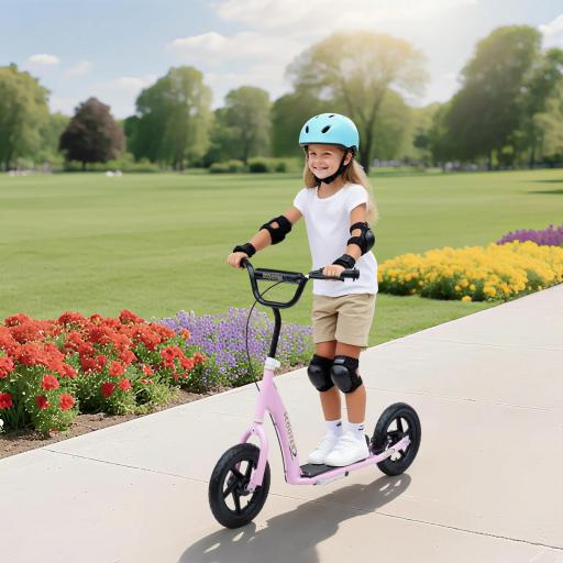 Patinete para Niños de 5-12 Años Scooter de 2 Ruedas Grandes de 12 Pulgadas con Freno y Manillar Ajustable en Altura Carga Máx. 50 kg 120x52x80-88 cm Rosa