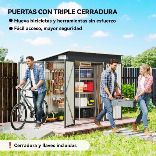 Cobertizo de Jardín Exterior 2,7 m² 234x132x185 cm con Triple Puerta Cerradura y Ranuras de Ventilación Gris [6]