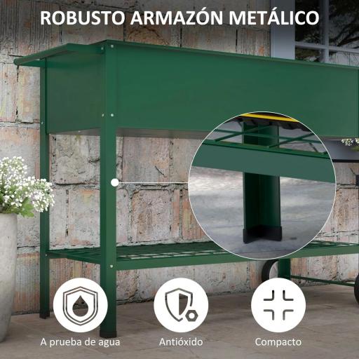 Huerto Urbano Elevado 109x44x80 cm con 2 Ruedas Estante y Asa para Cultivo Plantas Flores Verduras Verde [3]