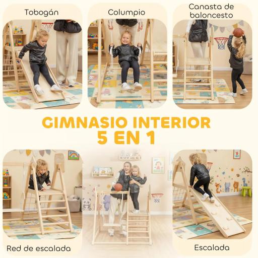 Tobogán Infantil 5 en 1 Estructura de Escalada con Tobogán Columpio Aro de Baloncesto Tabla Red de Escalada Natural [6]
