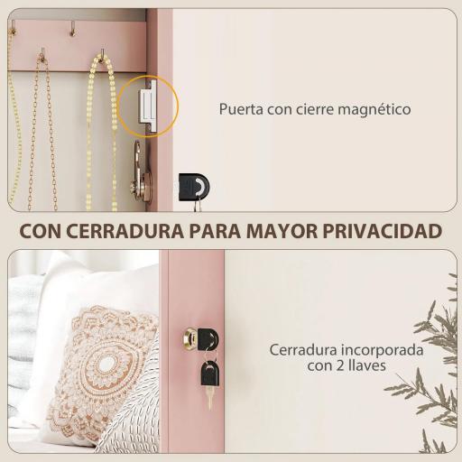 Espejo Joyero de Pared con Cerradura y Varios Compartimentos Montar en Pared o Puerta Rosa y Forro Beige [3]