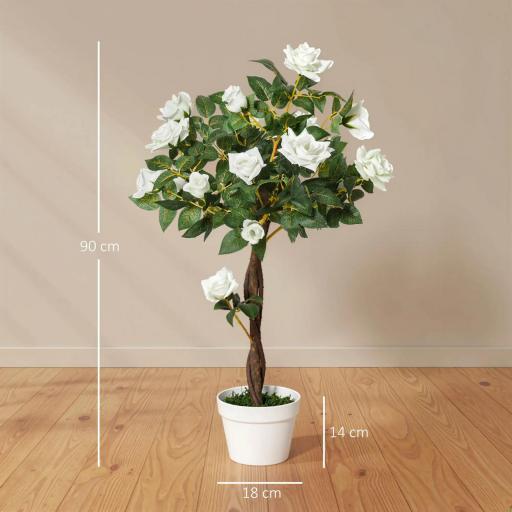 Planta Artificial de 90 cm Rosa Blanca Realista con 21 Flores y 350 Hojas Anti-UV Maceta de Cemento Verde [1]
