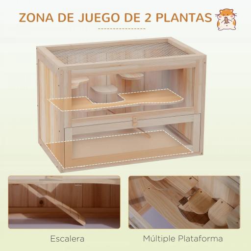Jaula para Hámster de Madera de 2 Niveles Casa para Animales Pequeños con Plataformas Escaleras 60x35x42 cm Madera Natural [5]