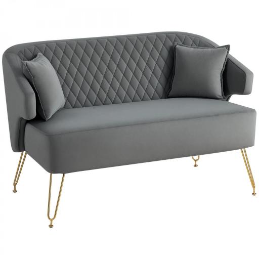 Sofá de 2 Plazas Tapizado en Terciopelo con 2 Almohadas Reposabrazos y Patas de Acero Carga 240 kg 124x69x76 cm Gris [9]