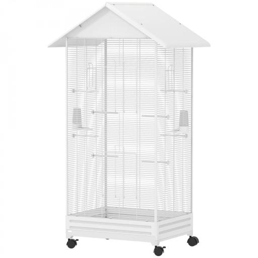  Jaula para Pájaros con Ruedas 79x65x155 cm Jaula Grande con 2 Comederos 8 Perchas y Bandeja Extraíble Blanco [9]