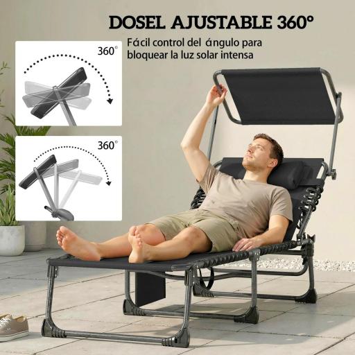 Set de 2 Tumbonas Plegables con Reposacabezas Parasol Bolsillo Lateral y Respaldo Reclinable en 5 Posiciones Negro [1]