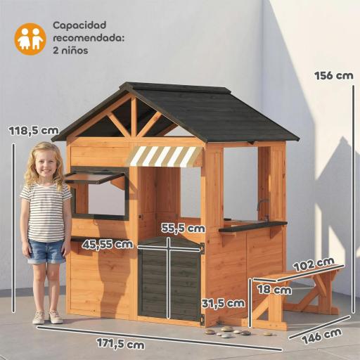 Casita Infantil Exterior e Interior de Madera con Cocina de Juguete y Banco de Picnic Ventanas de Servicio Marrón [1]