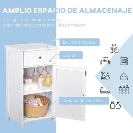Armario de Baño con 1 Cajón 1 Puerta y Estante Ajustable Interior Mueble Auxiliar de Almacenaje 43x34x77 cm Blanco [4]