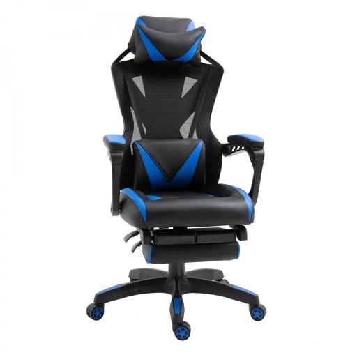 Silla Gaming Ergonómica Silla de Escritorio para Oficina con Altura Ajustable Respaldo Regulable de 170° Almohada Lumbar y Reposapiés Retráctil 65x70x117-125 cm Azul [8]