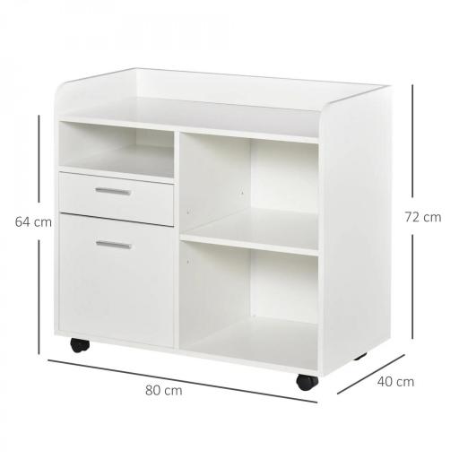 Armario para Impresora con 3 Compartimentos 2 Cajones para Archivos Estante Ajustable Ruedas 80x40x72 cm Blanco [1]
