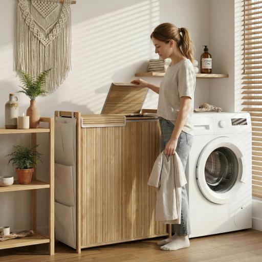 Cesto de Ropa Sucia de Bambú con Tapa 120L con 2 Bolsas con Cordón Extraíbles y Lavables Bolsillos Laterales Natural [0]