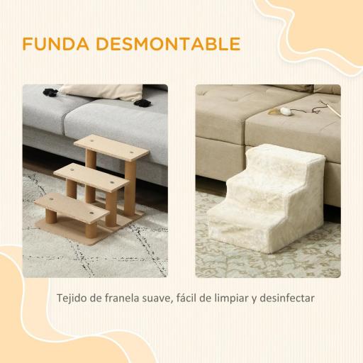 Escalera para Perros de 3 Peldaños con Funda Extraíble y Lavable Rampa para Perros para Cama Sofá 46x35x35 cm Beige [5]