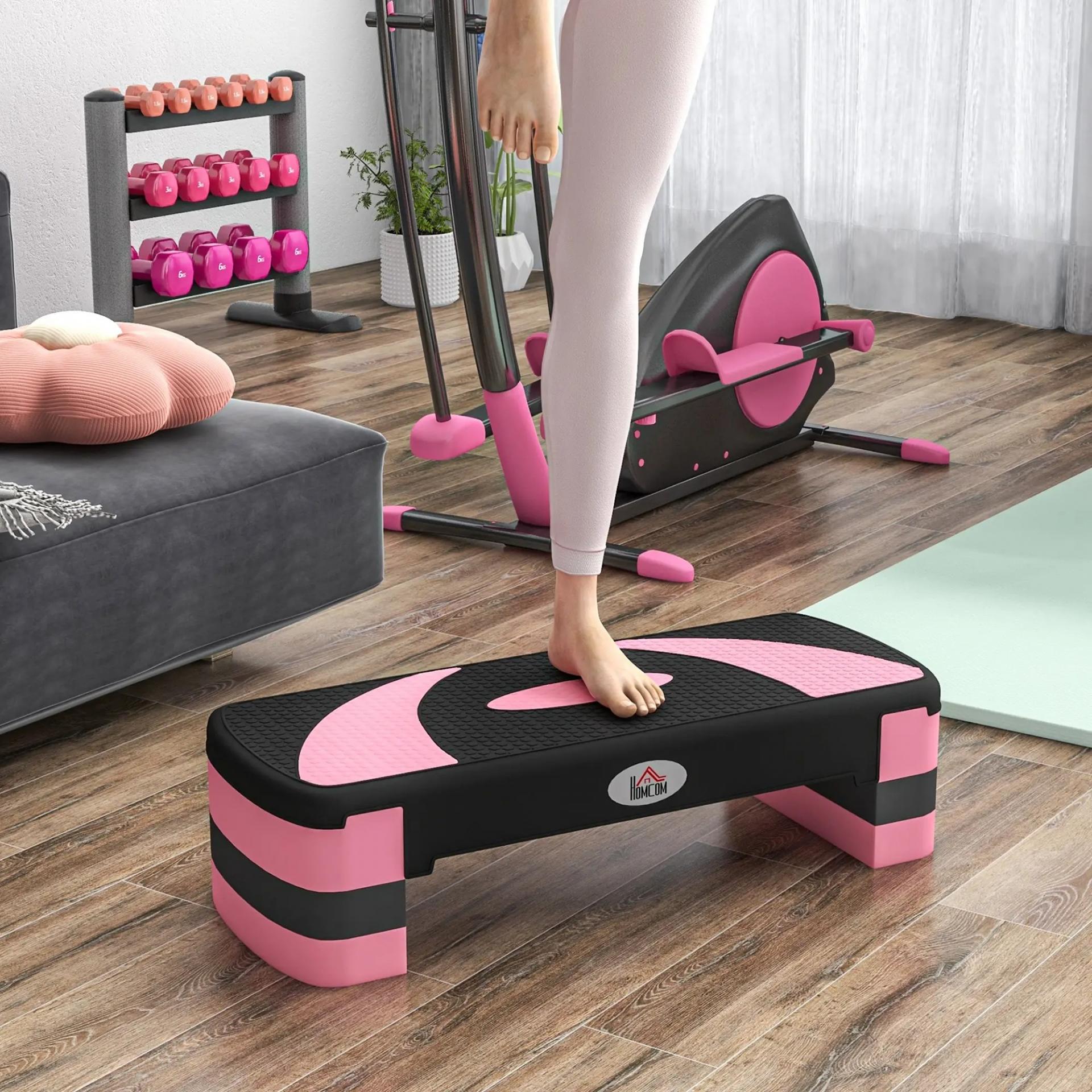 Step de Aeróbic para Fitness Antideslizante con Altura Regulable 3 Niveles de 10/15/20 cm Carga 150 kg 80x31x20 cm Rosa