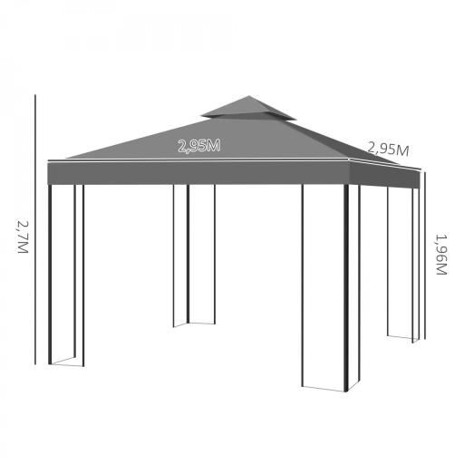 Cenador de Jardín 3x3m con Doble Techo Estructura de Acero Resistente al Agua para Exterior Patio 295x295x270 cm Gris [1]