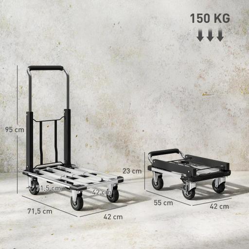 Carretilla de Mano Plegable de Aluminio Carga 150 kg con Ruedas Mango Ajustable y Plataforma Extensible Plata y Negro [1]