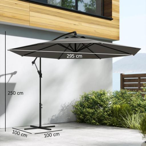 Parasol Excéntrico Ø300 cm con Base Cruzada Toldo Ajustable y Manivela UPF30+ para Terraza Patio Gris [1]