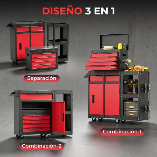 Carro de Herramientas con Ruedas 3 en 1 con 5 Cajones y Armario Inferior Paneles Perforados y Cerradura Negro y Rojo [9]