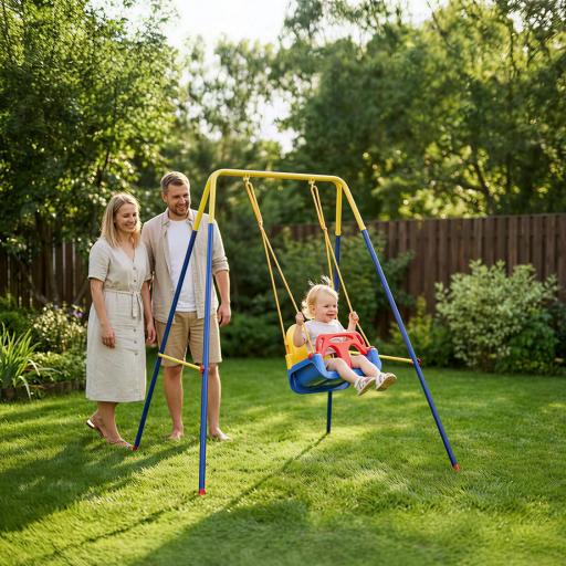 Estructura de Columpio Infantil Plegable con 2 Ganchos 4 Estacas Resistente para 50 kg Forma A 128x155x157 cm Azul