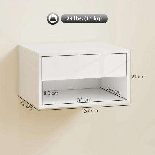 Juego de 2 Mesitas de Noche Flotantes Mesillas de Noche con Cajón y Estante Abierto 37x32x21 cm Blanco Brillante [1]
