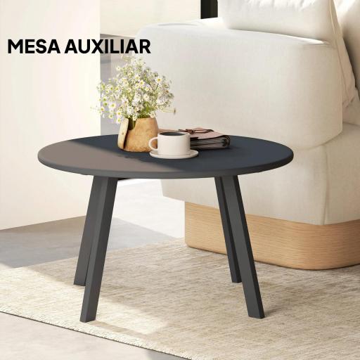 Mesa de Centro Redonda de Metal con Patas Antideslizantes y Borde Seguro para Patio Balcón Salón Ø70x42 cm Negro [2]