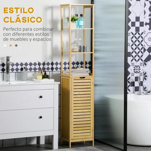 Estantería de Baño de Bambú Armario Alto para Baño con 3 Estantes y 1 Puerta Mueble Columna de Almacenaje 34x30x173 cm Natural [2]