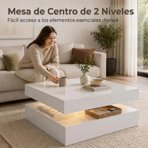 Mesa de Centro con LED RGB de Alto Brillo con Almacenamiento Abierto y Mando a Distancia 78x78x40 cm Blanco Brillante [5]