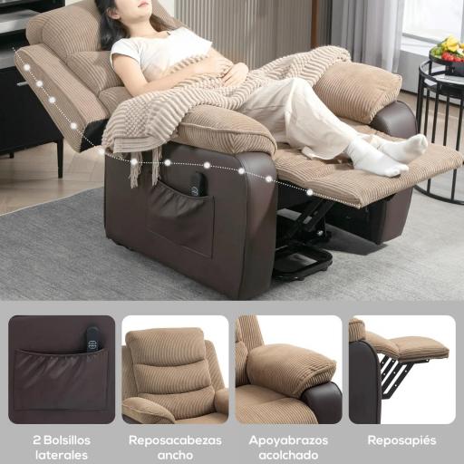 Sillón Relax Reclinable Eléctrico Levanta Personas con Mando a Distancia Puerto USB y Bolsillos Laterales Marrón [5]
