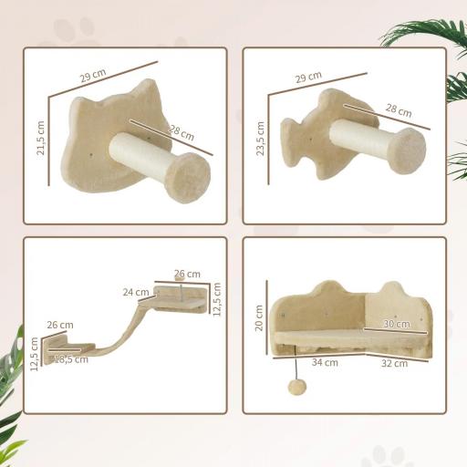 Rascador de Pared para Gatos con 2 Postes de Sisal Plataforma Doble con Escalera Suave y 1 Plataforma para Saltar Beige [1]